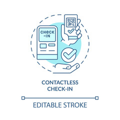 Contactless check in turquoise concept icon. Secure solution. Touchless system abstract idea thin line illustration. Isolated outline drawing. Editable stroke. Roboto-Medium, Myriad Pro-Bold font used