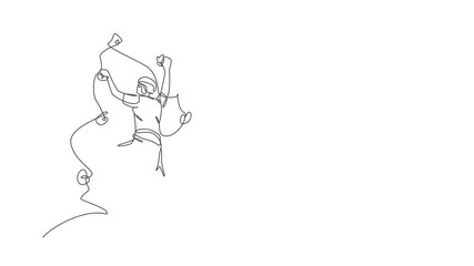 Wall Mural - Animated self drawing of continuous line draw young muscular rockclimber man climbing hanging on mountain grip. Outdoor active lifestyle and rock climbing concept. Full length one line animation.