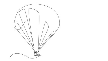 Poster - animation of one single line drawing of young sporty man flying with paragliding parachute on the sk