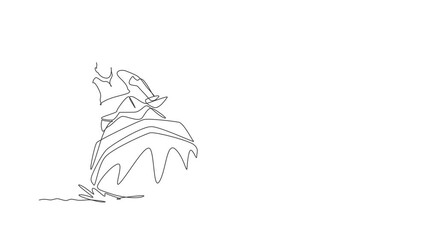 Poster - Animated self drawing of continuous line draw young sporty tourist man fun playing jet ski in the sea. Extreme dangerous sea sport concept. Summer holiday vacation. Full length one line animation.