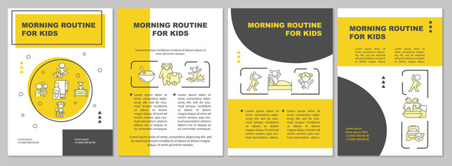 Morning routine for kids yellow brochure template. Day starting. Booklet print design with linear icons. Vector layouts for presentation, annual reports, ads. Arial, Myriad Pro-Regular fonts used