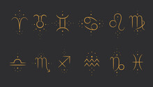 Signs Of The Zodiac Symbols. Magic Signs In The Form Of Tattoo Dots. Ideal For Astrologer Blog Or Tarot Cards