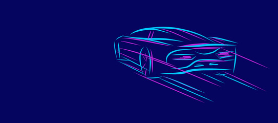 Wall Mural - line sketch illustration of a sport car, bsck view driving away on high speed, neon bright movement 