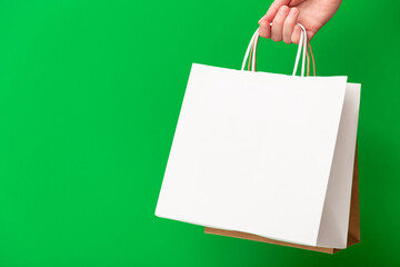 Female hand holding two shopping bags isolated on green background. White and brown craft blank paper bags in hand. Black friday sale, discount, shopping and ecology concept.