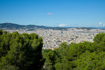 Sticker - Cityscape of Barcelona. Spain. Beautiful panorama with blue sky and hills in the background.