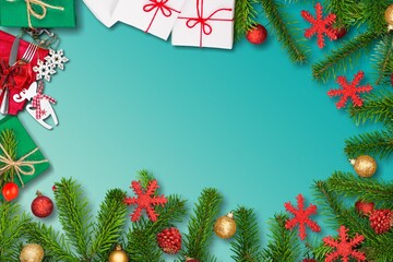 Wall Mural - Merry Christmas and Happy New Year frame on color background.