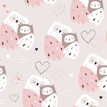 Seamless Pattern With Cute Mom And Baby Owls. Childish Owl Birds Pink Background. Ideal For Fabrics, Textiles, Apparel, Wallpaper.