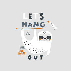 Wall Mural - Cute sloth illustration. Lettering quote for poster, card, apparel print. Vector illustration