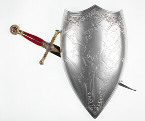 Poster - medieval fantasy sword and shield isolated on white background