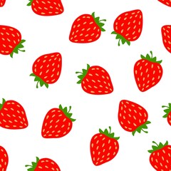 Wall Mural - Red strawberry on a white seamless background, vector juicy berry.