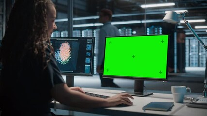 Poster - High-Tech Data Center Server: Black Female IT Specialist Working on Green Screen Chroma Key Computer. Monitoring Web Services, Cloud Computing, Analytics Facility, Maintenance of Cyber Security