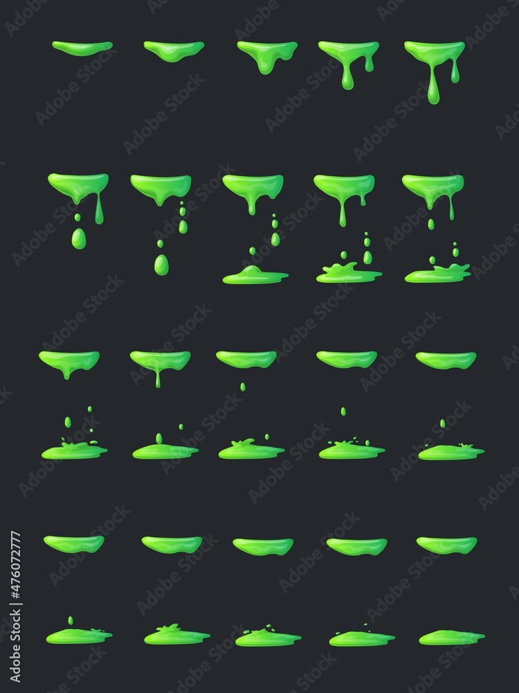Slime animation. Liquid green drop, cartoon splash poison drip, toxic ...