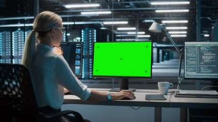 Poster - High-Tech Data Center Server: Caucasian Female IT Specialist Working on Green Screen Chroma Key Computer. Monitoring Web Services, Cloud Computing, Analytics Facility, Maintenance of Cyber Security
