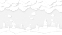 Illustration Of White Paper Cut White Winter Landscape With Snow, Houses And Trees