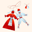 Martenitsa. Piece of adornment, made of white and red yarn in the form of two dolls, a male and a female. Baba Marta Day(“Grandma March” in Bulgarian and Macedonian) tradition holiday