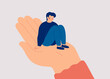 Sad man sits on the big human hand and needs care and support. Counselor helps a lonely teenager boy to get rid of depression. Support and care concept for people under stress. Vector illustration