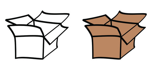 Cartoon, comic, open empty carton box or paper box. Sign for changed address, we have moved or we've Moved! Vector office, house or home icon or pictogram. Open cardboard package boxes.  This side up