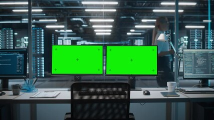 Aufkleber - High-Tech Data Center Server with Two Green Screen Chroma Key Display Showing on Personal Computer Standing on a Desk. Concept of Modern Monitoring Web Services, Cloud Computing, Cyber Security