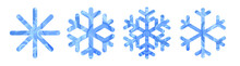 Set Of Blue Snowflakes On A White Background. Cartoon Cold Crystal. Winter Symbol. New Year And Christmas Sign. Vector Illustration. Christmas And Winter Symbol.