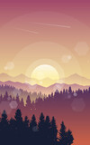 Fototapeta Na ścianę - Nature landscape, sunset scene in nature with mountains and forest, silhouettes of trees. Hiking tourism. Adventure. Minimalist graphic flyers. Polygonal flat design for coupons, vouchers, gift cards