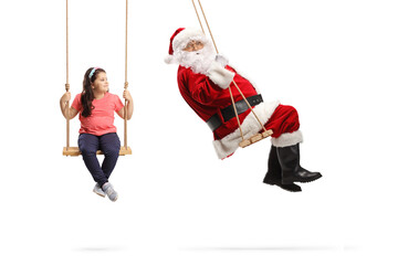 Sticker - Santca claus and a girl swinging on wooden swings