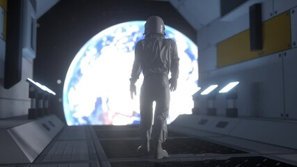 Wall Mural - alone astronaut in futuristic spaceship. view of the earth