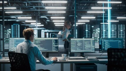 Fototapete - High-Tech Data Center: IT Specialist System Administrator Monitoring Server. Infrastructure Architect Works on Web Services, Cloud Computing, Analytics. Data Scientist Does Cyber Security Maintenance