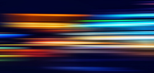 Wall Mural - Abstract Rainbow light trails on the dark blue background. Motion blur illustration design.