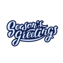 Season's Greetings Vector Hand Lettering. Light Blue Letters In A Dark Blue Cloud On The White Background. Vector Illustration Style Calligraphy. Typography Winter Holidays. Christmas.
