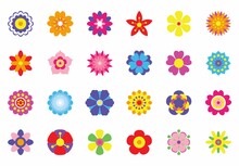 Set Of Flat Spring Flower Icons Isolated On White Background. Simple Colorful Floral Icons In Bright Colors. Decorative Flower Silhouette Collection. Different Shape And Various Colors Clipart Vector