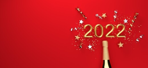 Poster - New Year 2022 celebration theme with a champagne bottle with confetti - 3D render