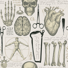 Vintage Seamless Pattern With Hand-drawn Human Organs, Bones, Skull, Surgical Instruments And Handwritten Text Lorem Ipsum On An Old Paper Backdrop. Vector Background With Sketches On A Medical Theme