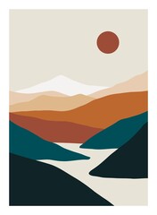 Wall Mural - mountain landscape poster. minimalist nature background, abstract contemporary hills, sun, moon. vec