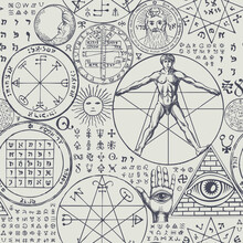 Abstract Seamless Pattern With Hand-drawn Vitruvian Man, All-seeing Eye, Sun, Moon, Pentacle, Hamsa, Mystic And Esoteric Symbols On A Light Backdrop. Monochrome Vector Background In Retro Style