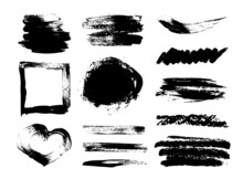Collection Of Grunge Brush Strokes, Heart Shaped Frame On A White Background. Vector Set