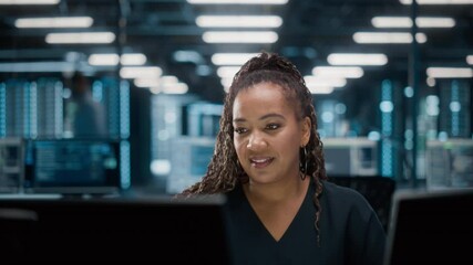 Poster - Portrait of African American Female IT Specialist Working on Desktop in Data Center. System Administrator Works on Web Services, Cloud Computing, Server Analytics, Cyber Security Maintenance, SAAS