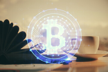 Aufkleber - Double exposure of crypto technology drawing and desktop with coffee and items on table background. Concept of blockchain