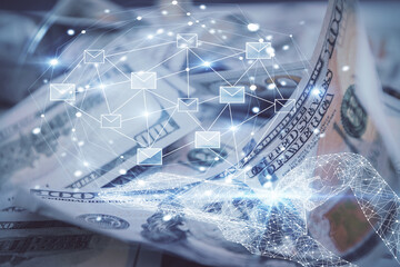 Poster - Double exposure of E-mail envelop drawing over usa dollars bill background. Concept of connection.