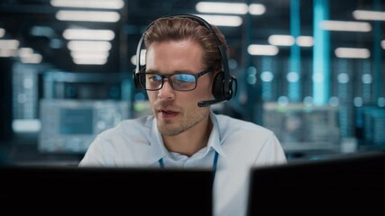 Fototapete - Call Center Office: Portrait of Friendly Caucasian Male Technical Customer Support Specialist Talking on a Headset, uses Computer. Client Experience Officer Helps Online via Video Conference
