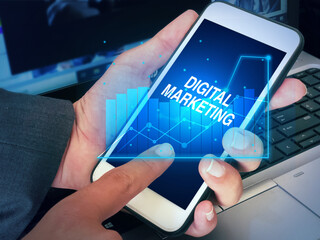Poster - Digital Marketing Concept Background with Futuristic Hud on Mobile Screen. Future of Marketing backdrop
