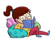 Illustration of little girl wearing glasses reading between cushions