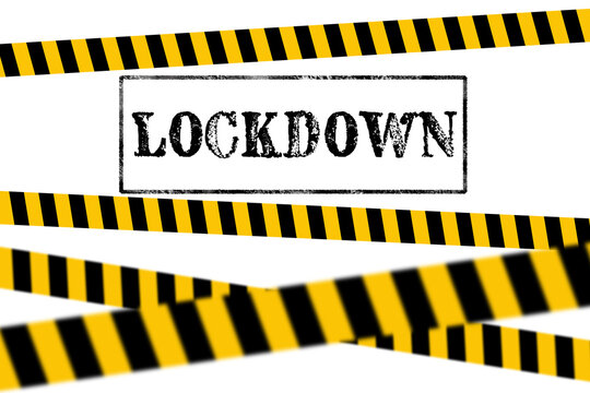 Absperrband vor weißem Hintergrund mit dem Wort Lockdown als 3d gerenderte Illustration