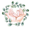 © Yuliia - Hands of mother and baby. Frame, wreath with eucalyptus. Motherhood watercolor illustration