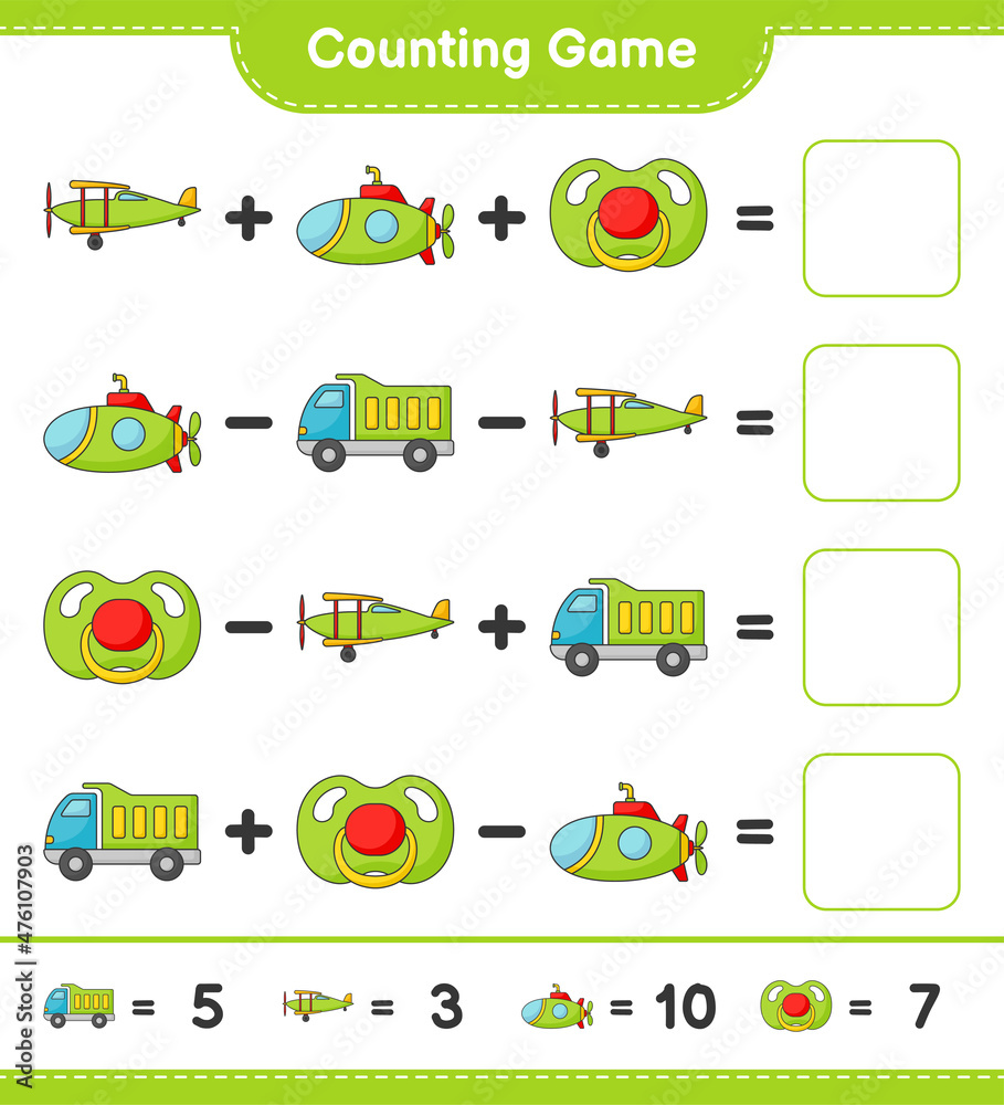 Count and match, count the number of Lorry, Plane, Submarine, Pacifier ...