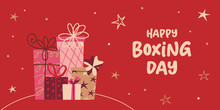 Happy Boxing Day Vector Banner With Present Box On Red Background. Flat Style Illustration Text For Headers, Website, Poster, Invitation. Mid-Century Modern Design