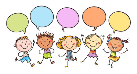 Leinwandbilder - Happy doodle kids in a row with speech bubbles