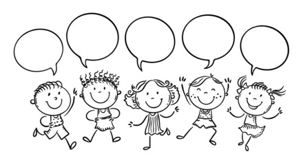 Leinwandbilder - Happy kids in a row with speech bubbles, outline stick figure