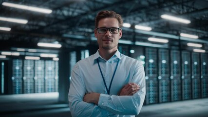 Aufkleber - Big Data Center Portrait of Smiling Chief Technology Officer Wearing Glasses Walks into Focus, Looks at Camera. Cloud Service Warehouse with System Administrator. SAAS, Cloud Computing, Cyber Security