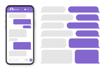 Realistic smartphone with messaging app. Blank SMS text frame. Conversation chat screen with violet message bubbles. Social media application. Vector illustration.