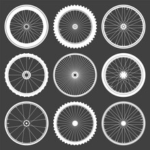 White Bicycle Wheel Symbols Collection. Bike Rubber Tyre Silhouettes. Fitness Cycle, Road And Mountain Bike. Vector Illustration.
